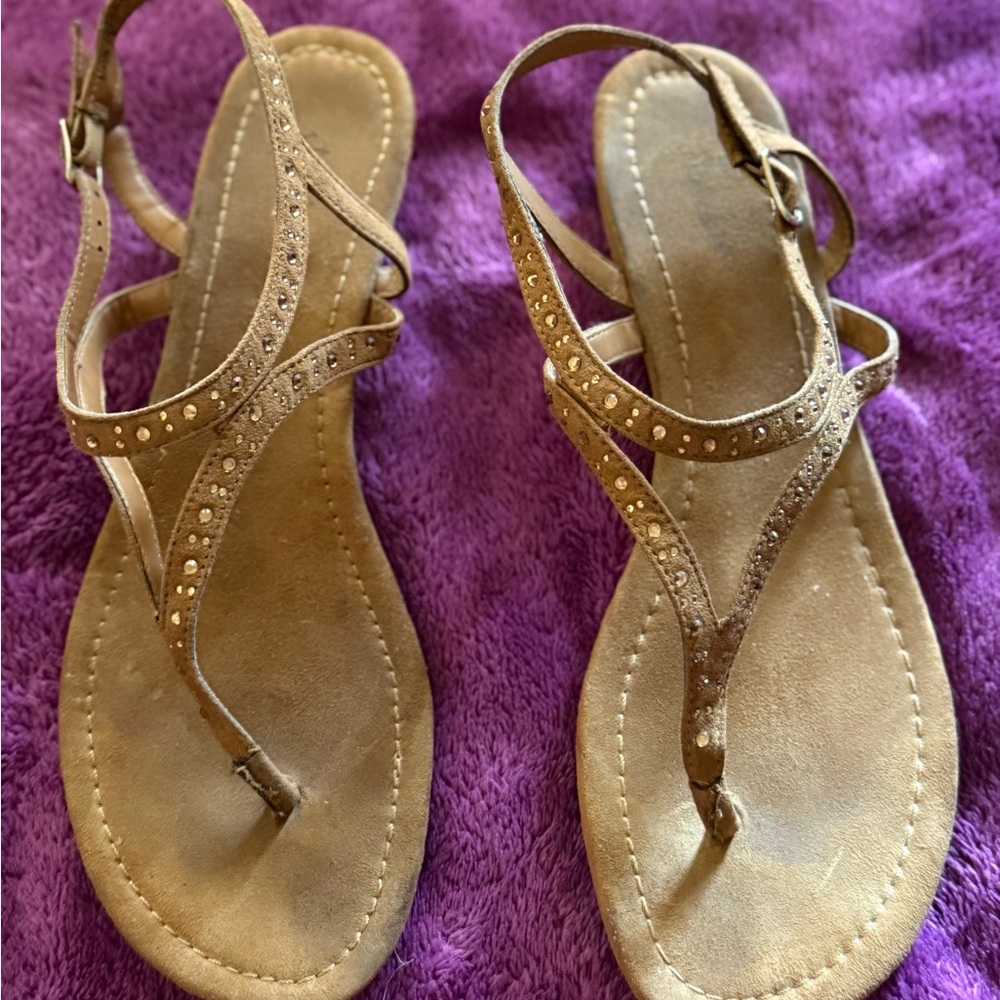 Style & Co Tan Sandals with T-Strap and Gold Detailing